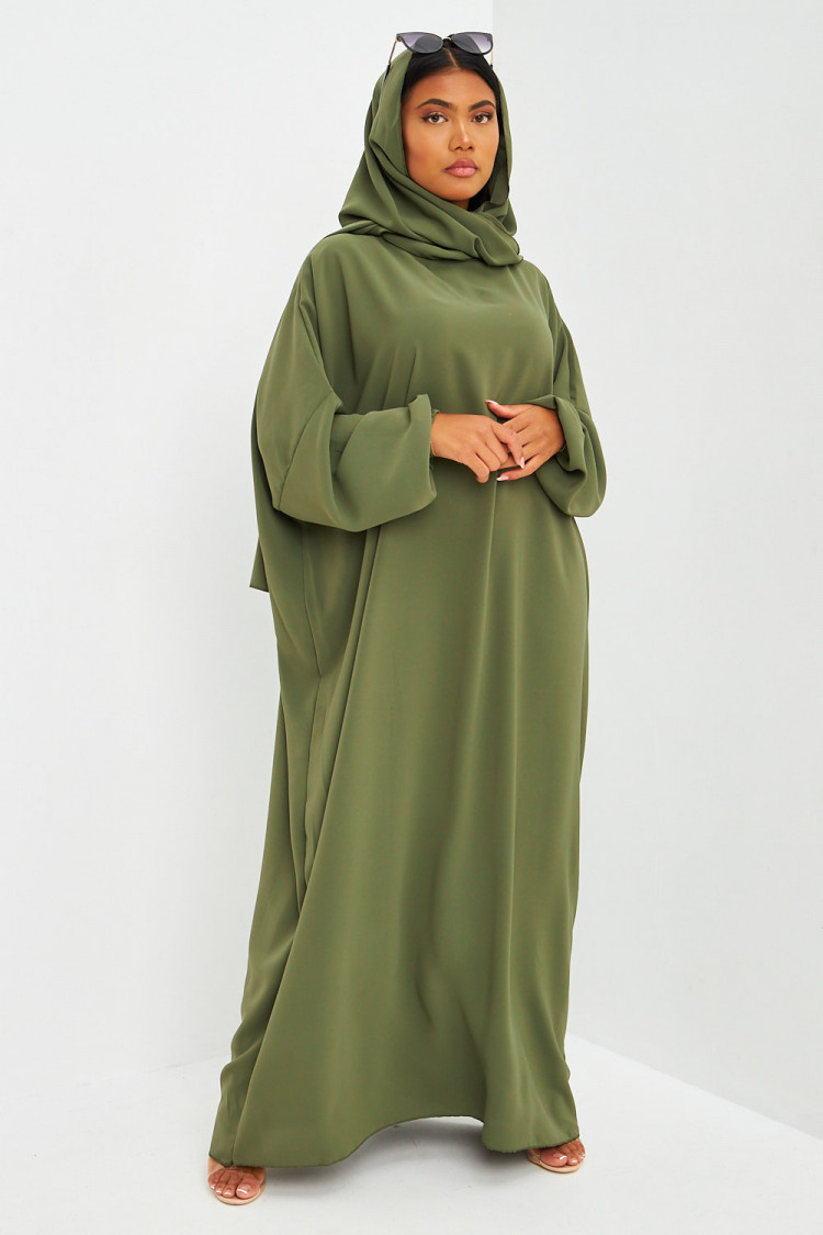 Abaya kaki ample avec voile intégré
