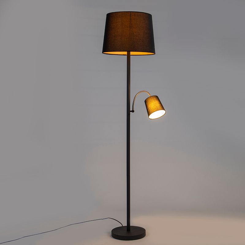 Klassieke vloerlamp zwart met zwarte kap en leeslampje - Retro