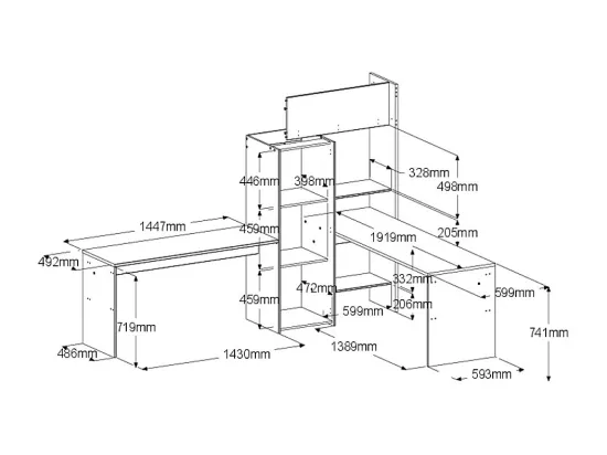 Double lit mezzanine d'angle 2 x 90 x 200 cm - Avec rangements et bureaux - Blanc et naturel - LASCANO