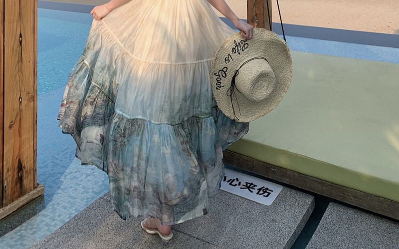 Moanum - Mouwloze maxi-A-lijnjurk met mock-neckprint
