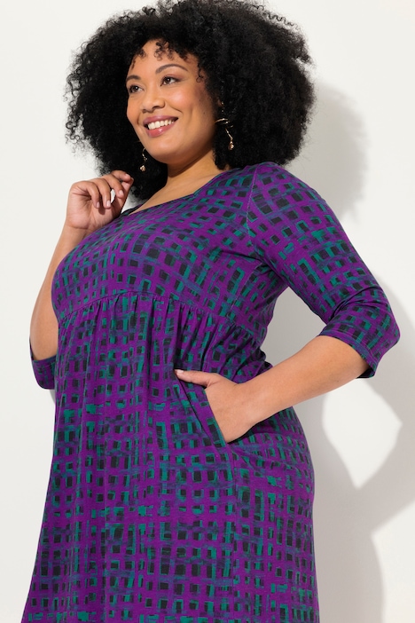 Longshirt, Karo, A-Linie, Carree-Ausschnitt, 3/4-Arm