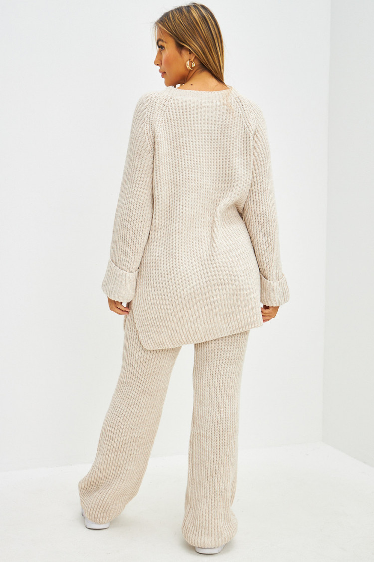 Ensemble 2 pièces pull long + pantalon en grosses mailles beige