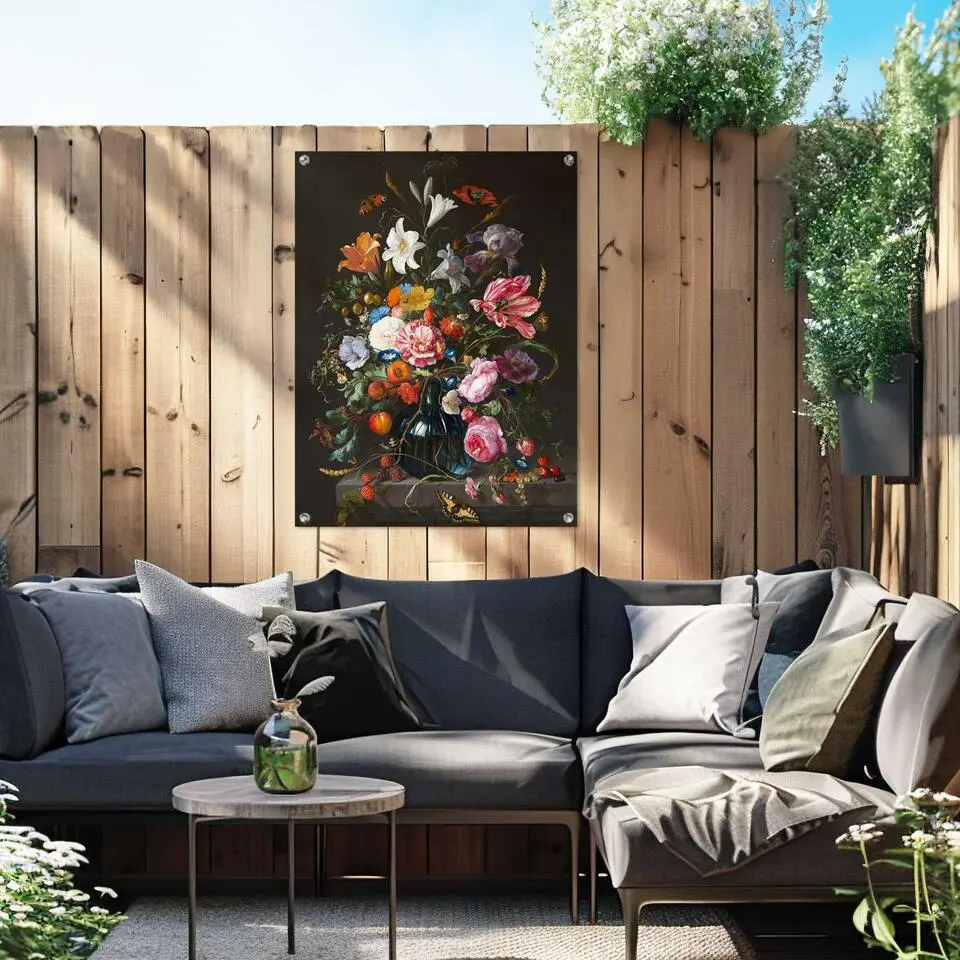 Tuinposter De Heem Vaas met bloemen - 80x60cm - Bont