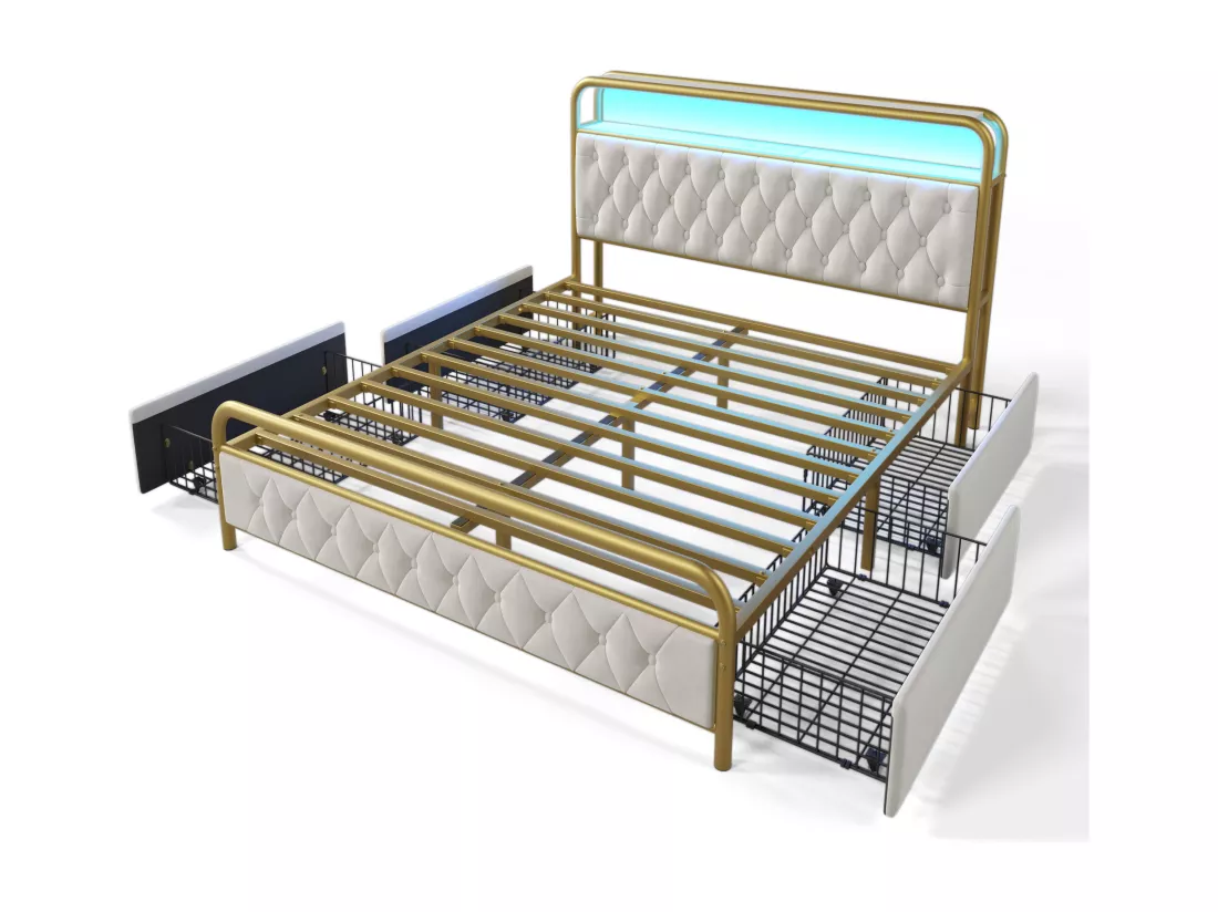 Lit 160x200cm avec tiroirs + LED + Ports de recharge - rembourré en velours - avec sommier en métal - Beige