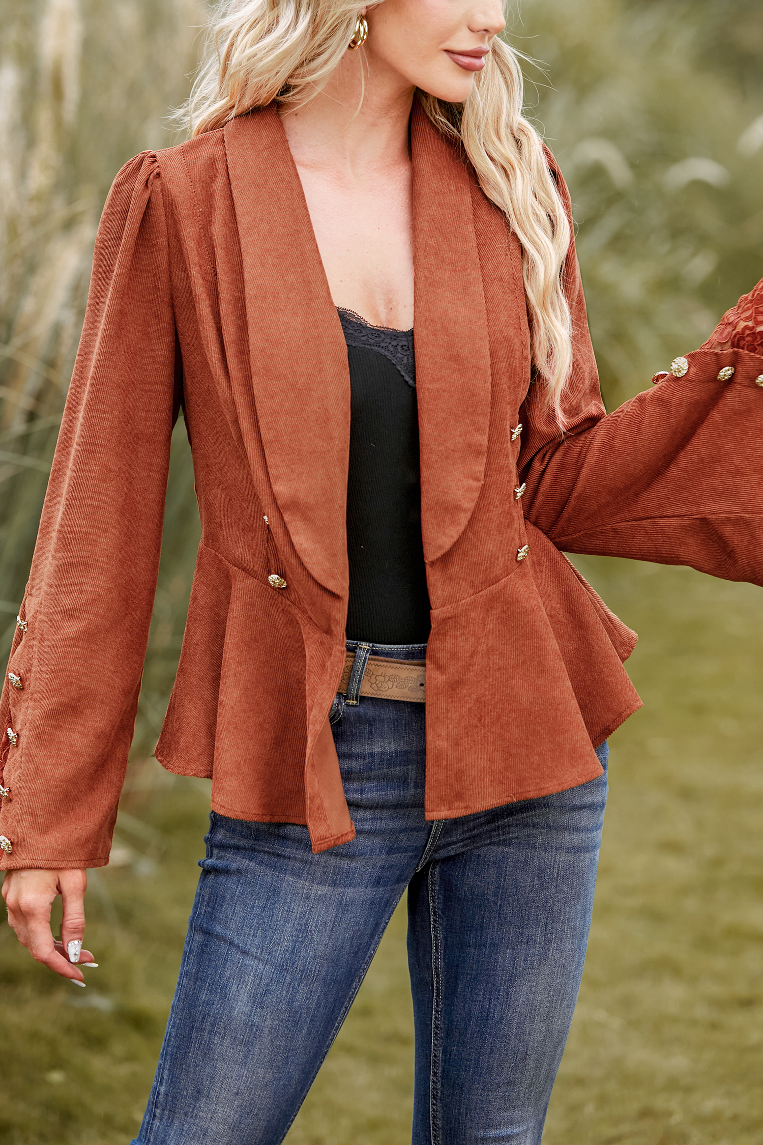 Blazer à boutons en dentelle contrastée brun