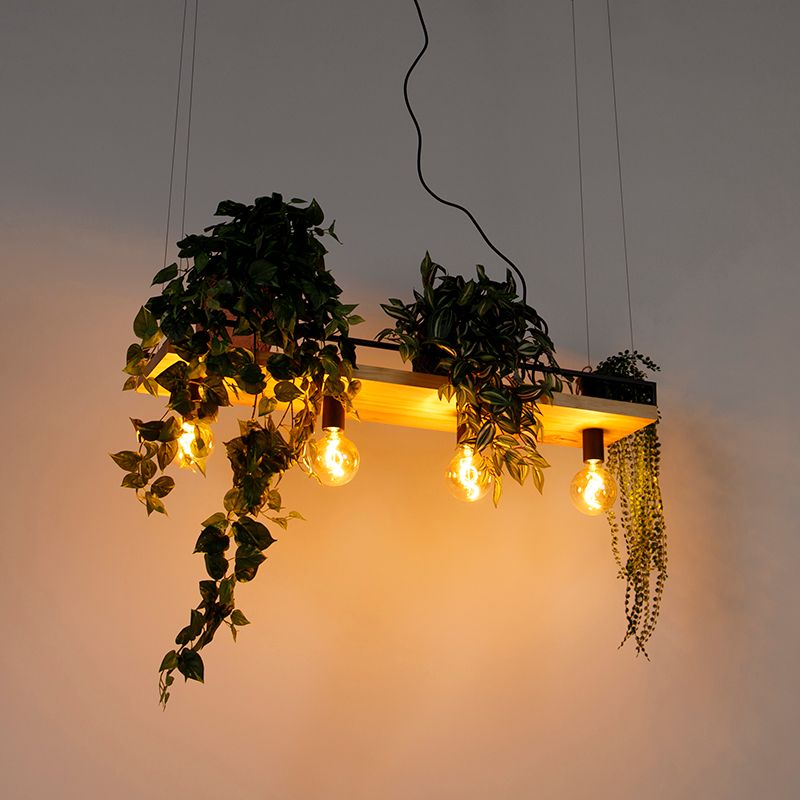Industriële hanglamp zwart met hout 4-lichts - Shelf