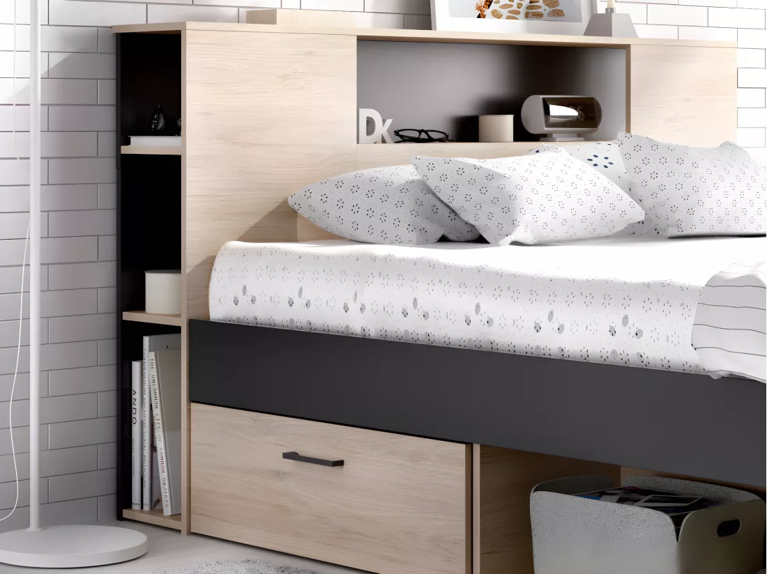 Lit avec tête de lit rangements et tiroirs - 160 x 200 cm - Coloris : Naturel et anthracite + Sommier + Matelas - LEANDRE