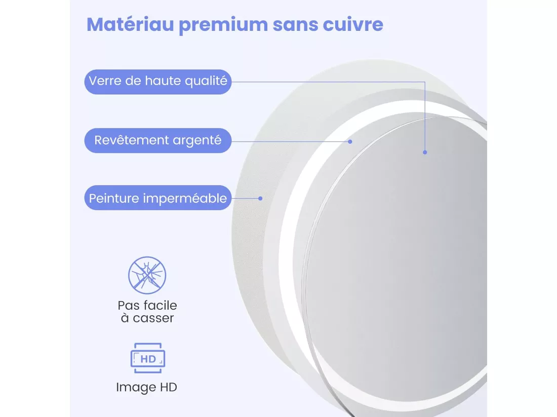 Miroir Salle de Bain LED, Miroir Lumineux Salle de Bain Anti-Buée avec 3 Couleurs et Luminosité Réglables, Fonction de Mémoire, Miroir Maquillage pour Coiffeuse, Chambre, Vestiaire (80x80x4cm)