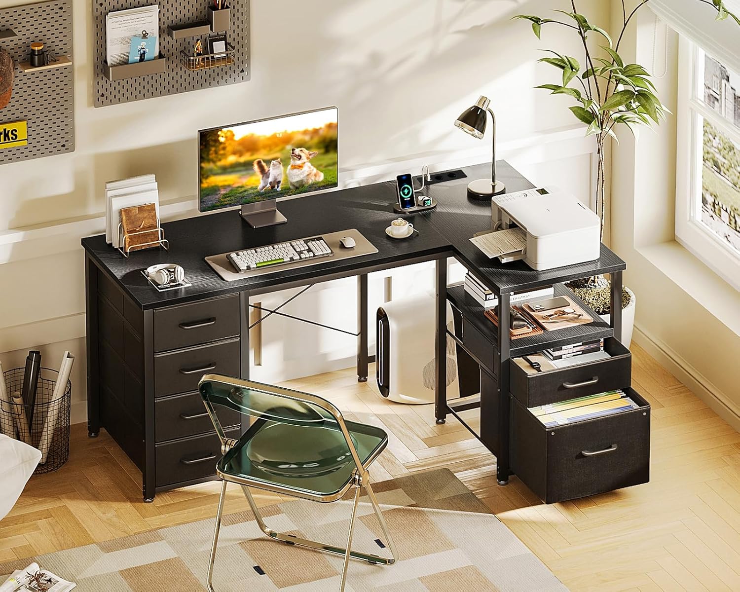 Coleshome Schreibtisch mit Stoff Schubladen, 140x80cm Umkehrbarer Schreibtisch L Form mit Aktenschublade, Eckschreibtisch mit USB-Ladeanschluss und Steckdose, Home Office Schreibtische, Schwarz
