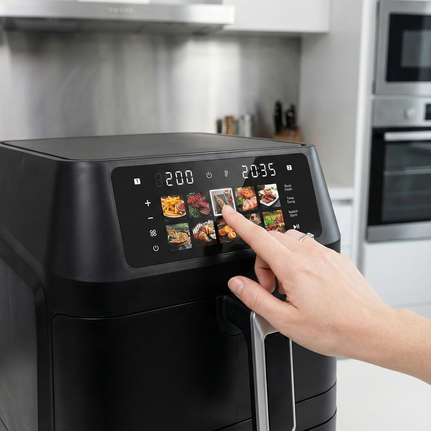Airfryer, Heißluftfritteuse 2 Kammern, 12 L Heissluftfritteuse, Innovative Mehrfach-Luftgeschwindigkeit, Spart 41 Prozent Platz,10 Programme Mit Automatisch Voreingestellter