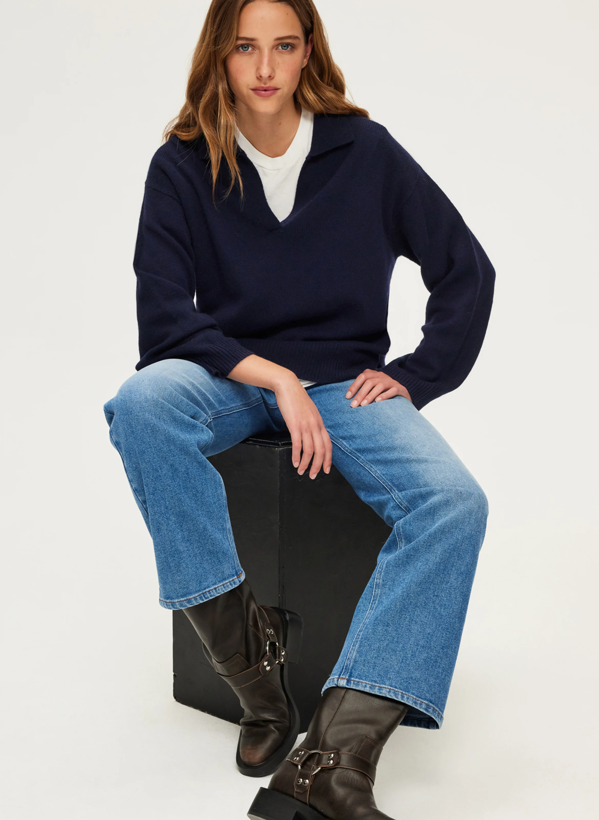 JOCIA - Pull droit col classique en cachemire | Bleu