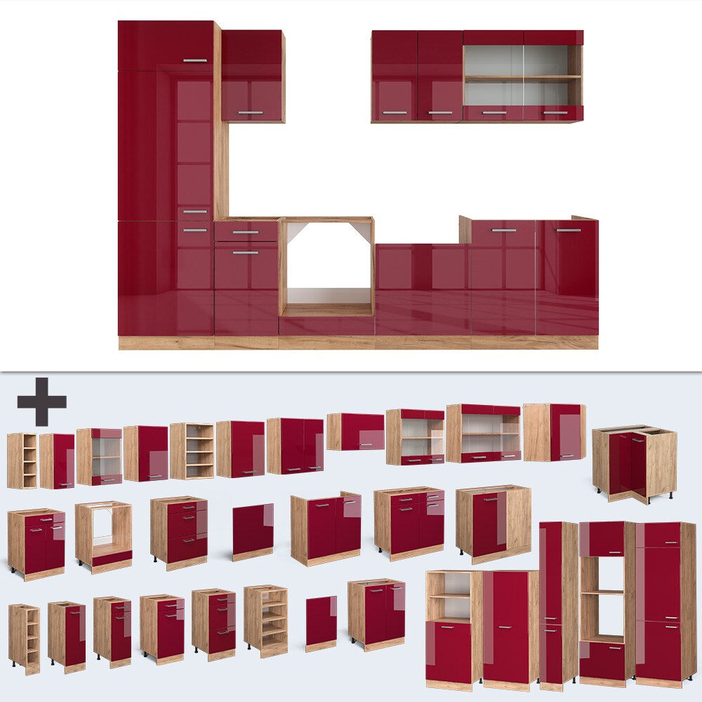 Vicco Küchenzeile Küchenblock Einbauküche R-Line 300cm Kühlumbauschrank Bordeaux