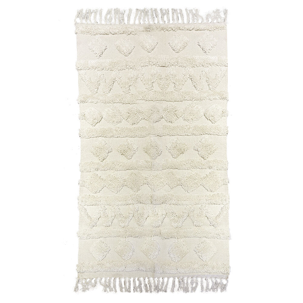 Tapis à franges 100% coton forme relief beige 100x150cm