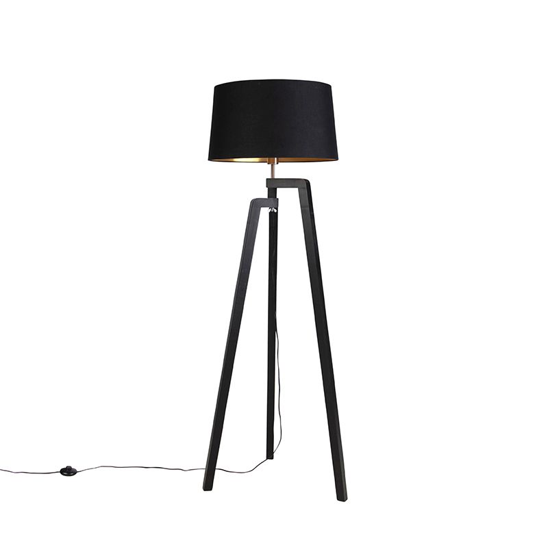 Vloerlamp tripod met katoenen kap zwart met goud 50 cm - Puros