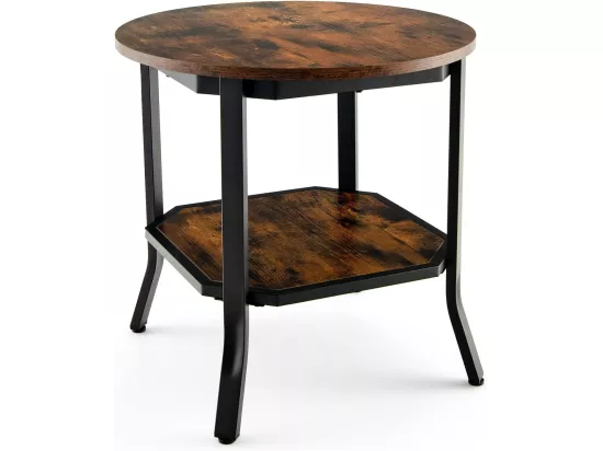 Table d'Appoint Ronde, Table Basse avec Coussinets de Pied Réglables, Table de Chevet à 2 Niveaux avec Structure Métallique Stable, Style Industriel, Bout de Canapé pour Salon, Chambre, Bureau
