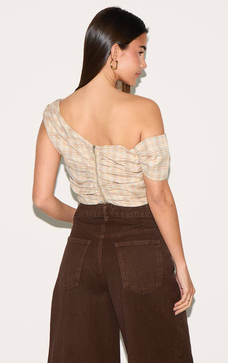 Beige Top Bardot Asymétrique À Carreaux