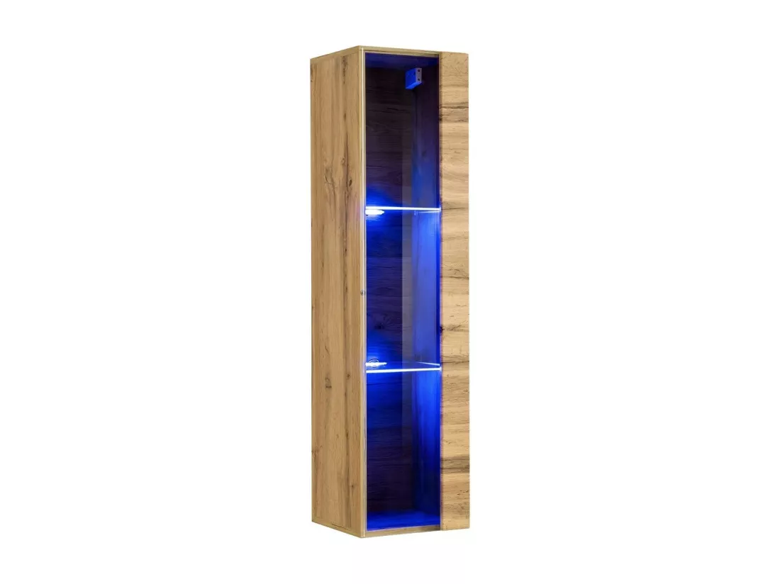 Vitrine suspendue coloris chêne petit modèle avec 1 porte vitrée et éclairage LED inclus. Collection SWITCH.