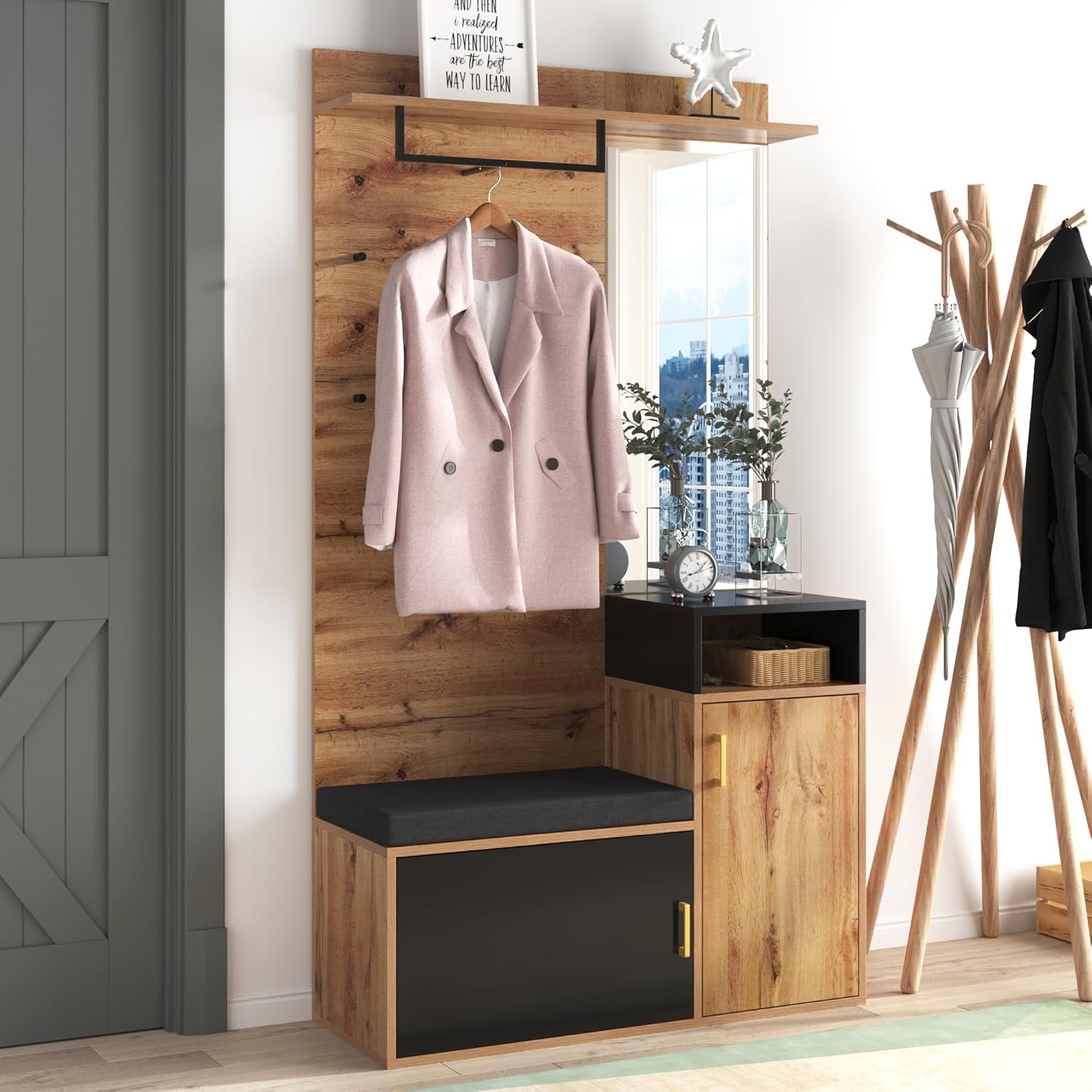 Garderoben-Set, Flurgarderobe mit Sitzbank & Spiegel, Garderobe mit Schuhschrank, Kompaktgarderobe mit 6 goldenen Kleiderhaken, Kissen, oberes Ablagefach, 105*40*190.5cm Holzfarbe & Schwarz