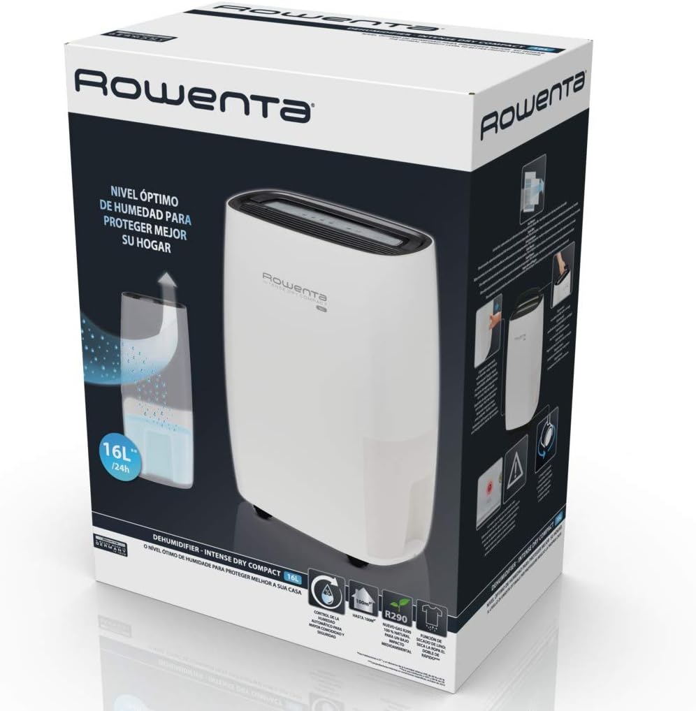 Rowenta Déshumidificateur Intense Dry Compact DH4236 16 L, avec mode de déshumidification automatique à 3 programmes, fonction Linen Dry, filtre, compact, fonctionnement silencieux