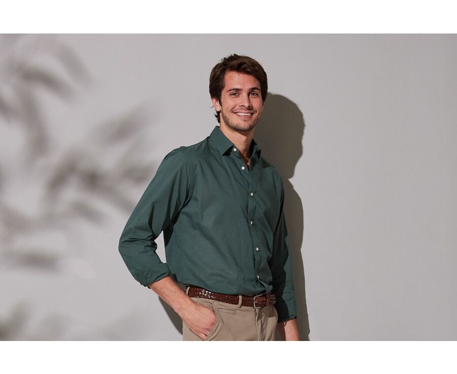 Chemise coton lin vert foncé unie - SILBERT