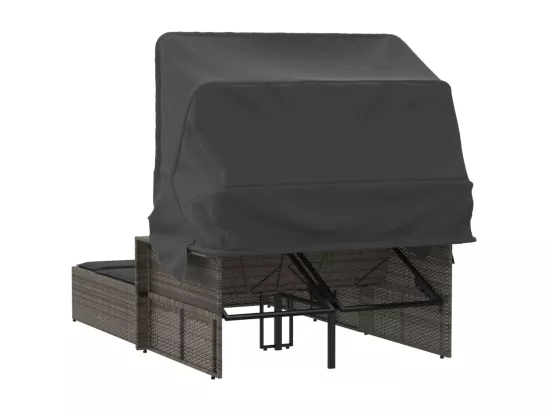 Chaise longue double et auvent et coussins gris résine tressée