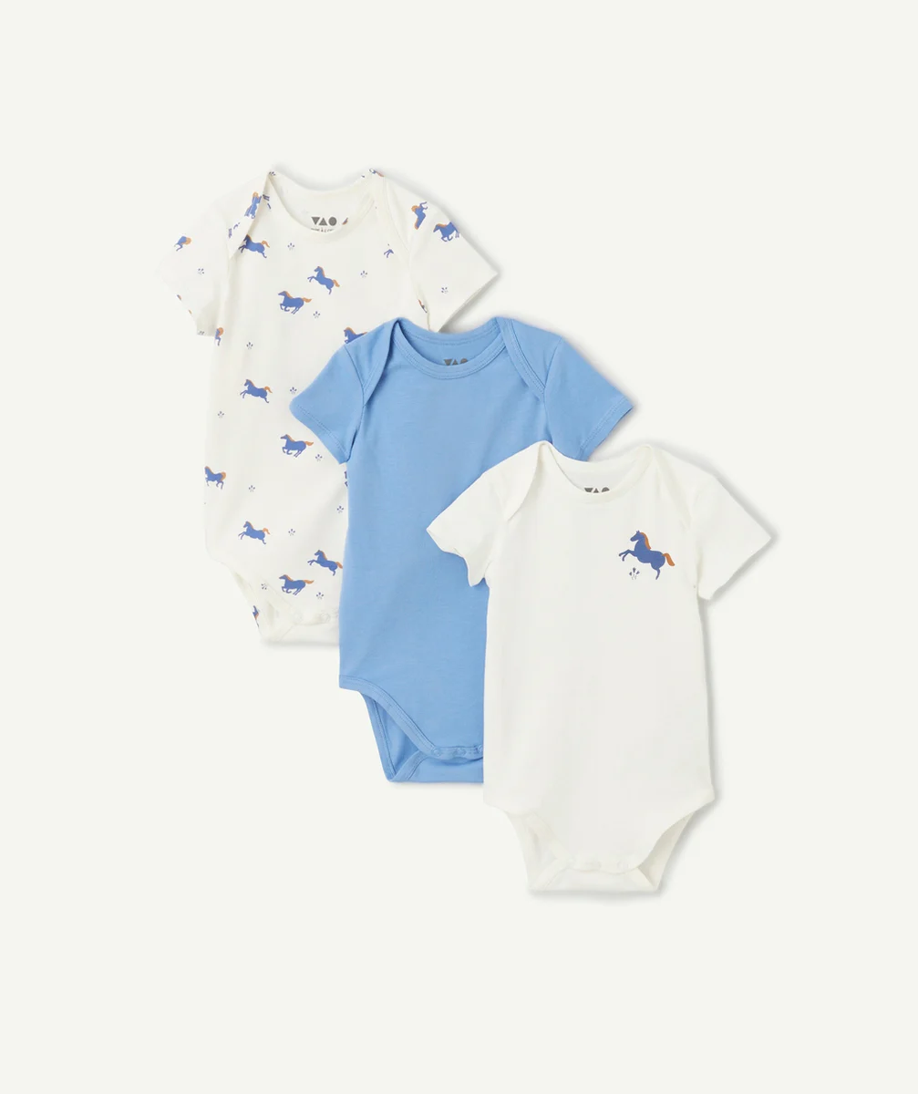 lot de 3 bodies bébé en coton bio bleu et blanc thème chevaux
