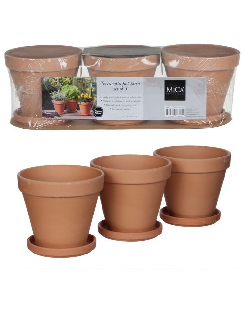 Mica Decorations Terracotta Pot Met Schotel Set Van 3 - Bloempotsets - 41x14x12 cm Terra