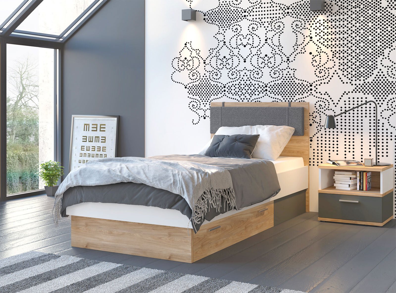 Bett Twenty Eiche Castello-Optik Weiß Graphit 90x200 cm