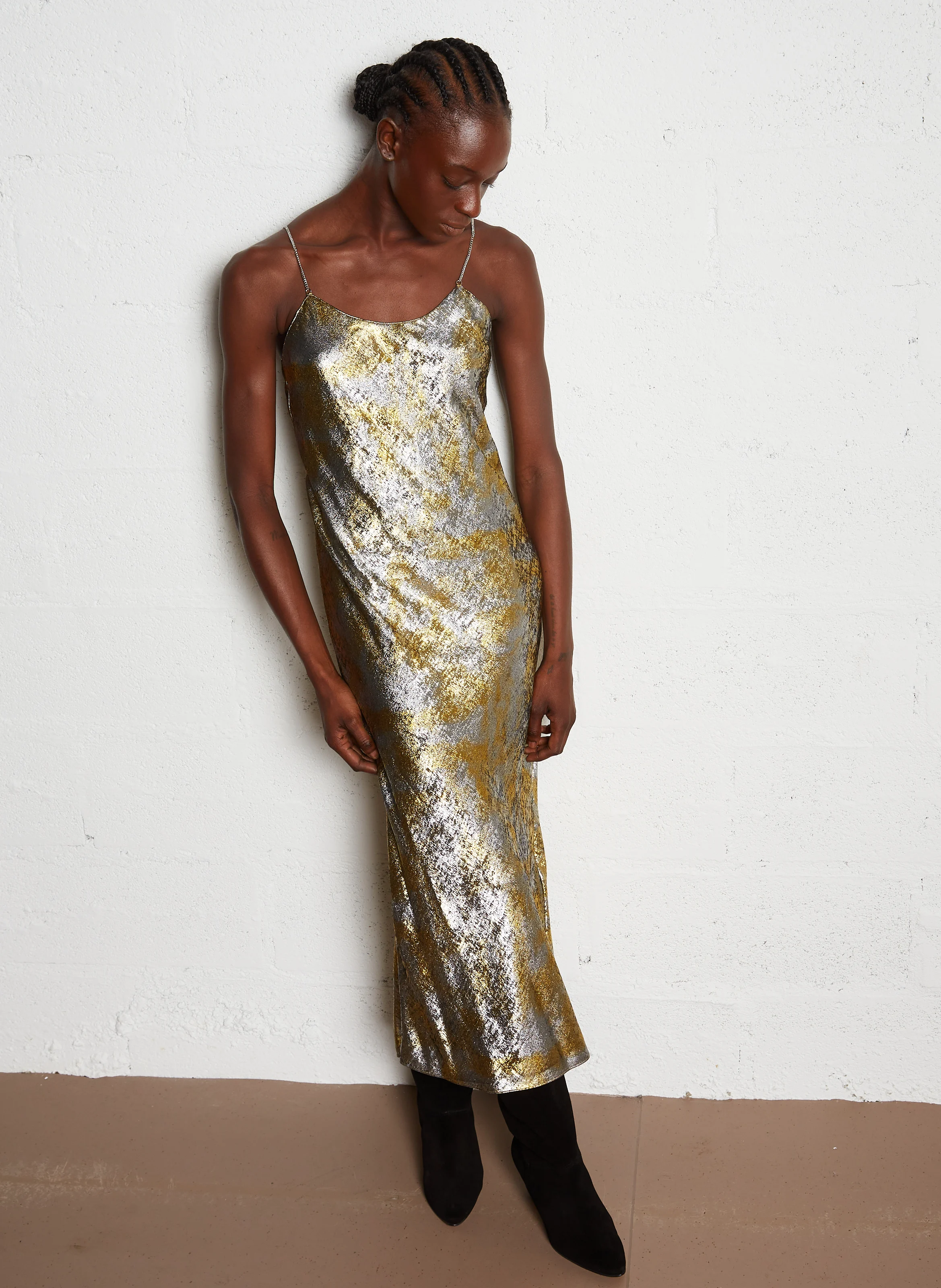 FLAVIA - Robe midi col rond métallisée | Doré