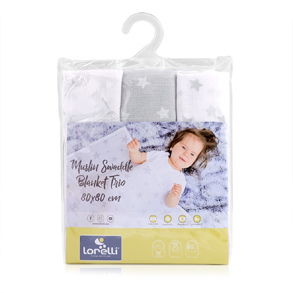 Lorelli Wickeldecke, Babydecke Trio, Größe 80 x 80 cm, 3er Set, 100% Baumwolle grau weiss