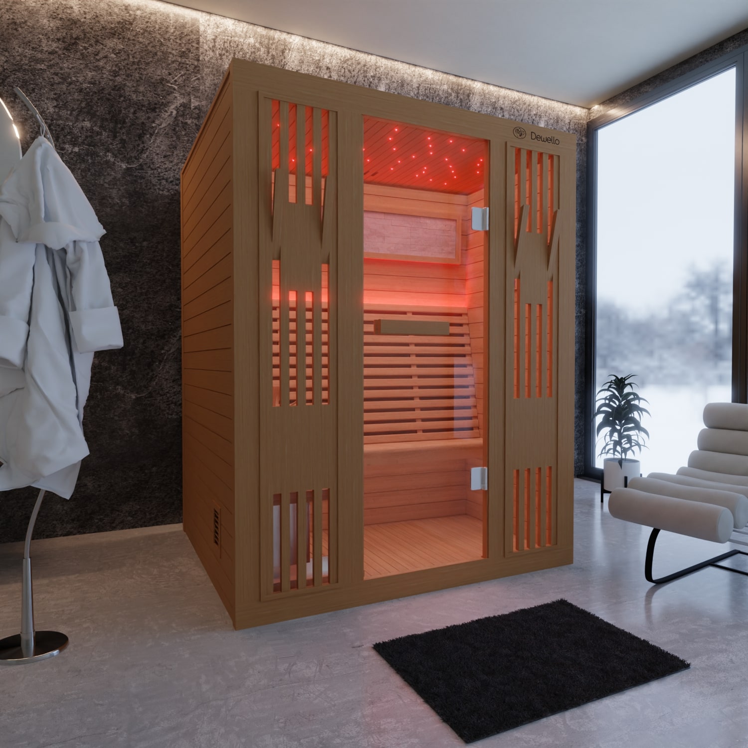 Dewello Finnische Sauna MINTO 150x130 Kabine aus Hemlock Tannenholz mit 4,5 kW Harvia Ofen, inkl Sauna Set