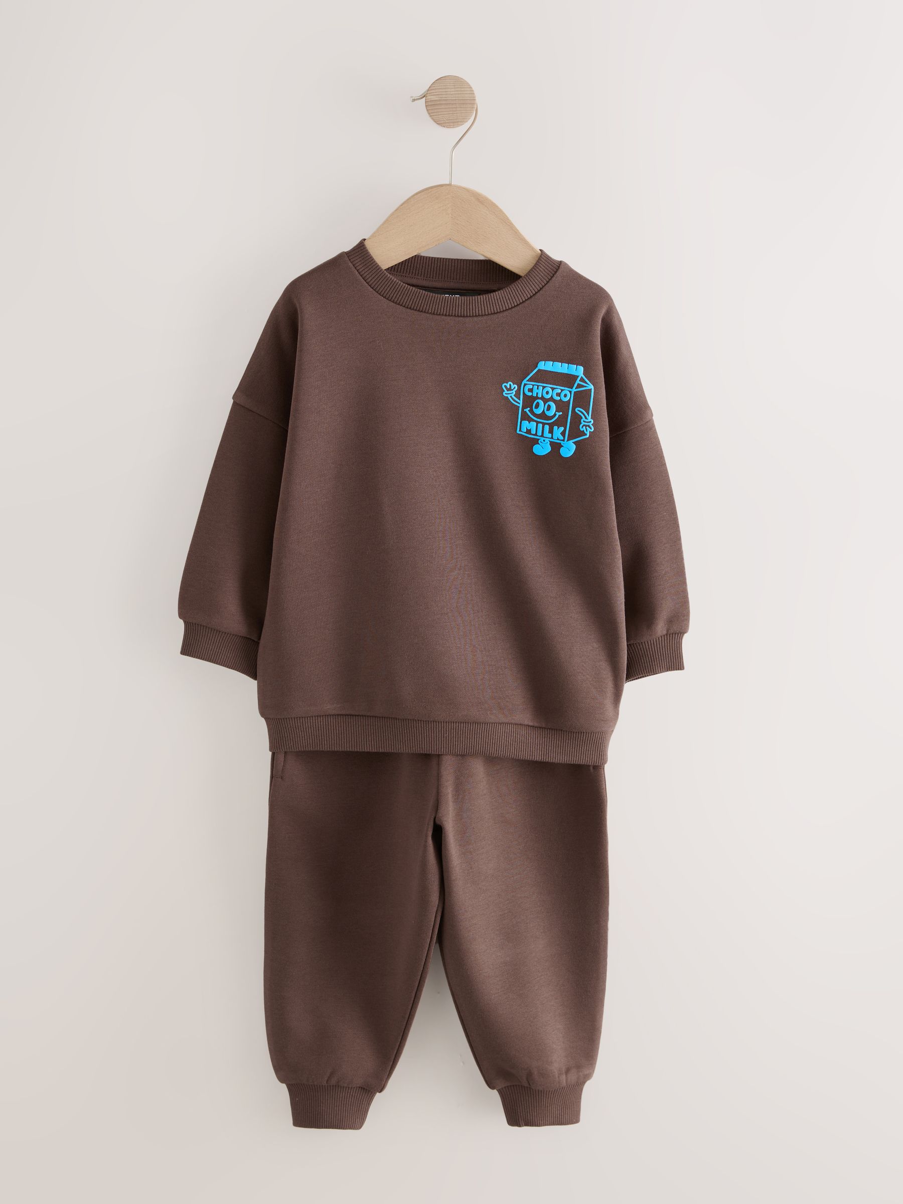 Chocoladebruin en blauw - Bedrukte set van sweater met ronde hals en joggingbroek (3mnd-7jr)