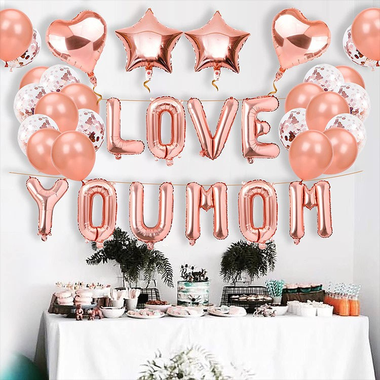 (42-tlg. Set) Deko Latex Ballons Muttertag Folien Luftballons mit Konfetti - Love You Mom / Roségold