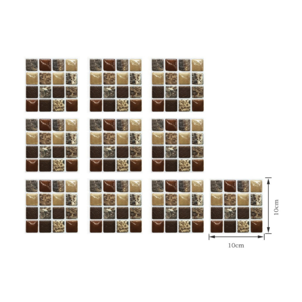 (10er Set) 10x10cm Mosaik Sticker Selbstklebende Deko Kacheln für Küche / Badezimmer - Braun