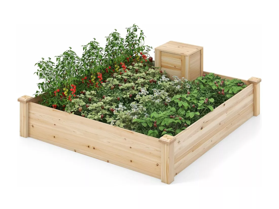 Jardinière Surélevée en Bois Base Ouverte, Grand Lit de Jardin Carré avec Bac à Compost pour Légumes Fleurs Herbes, pour Patio Balcon, Naturel, 124 x 124 x 25,5 cm