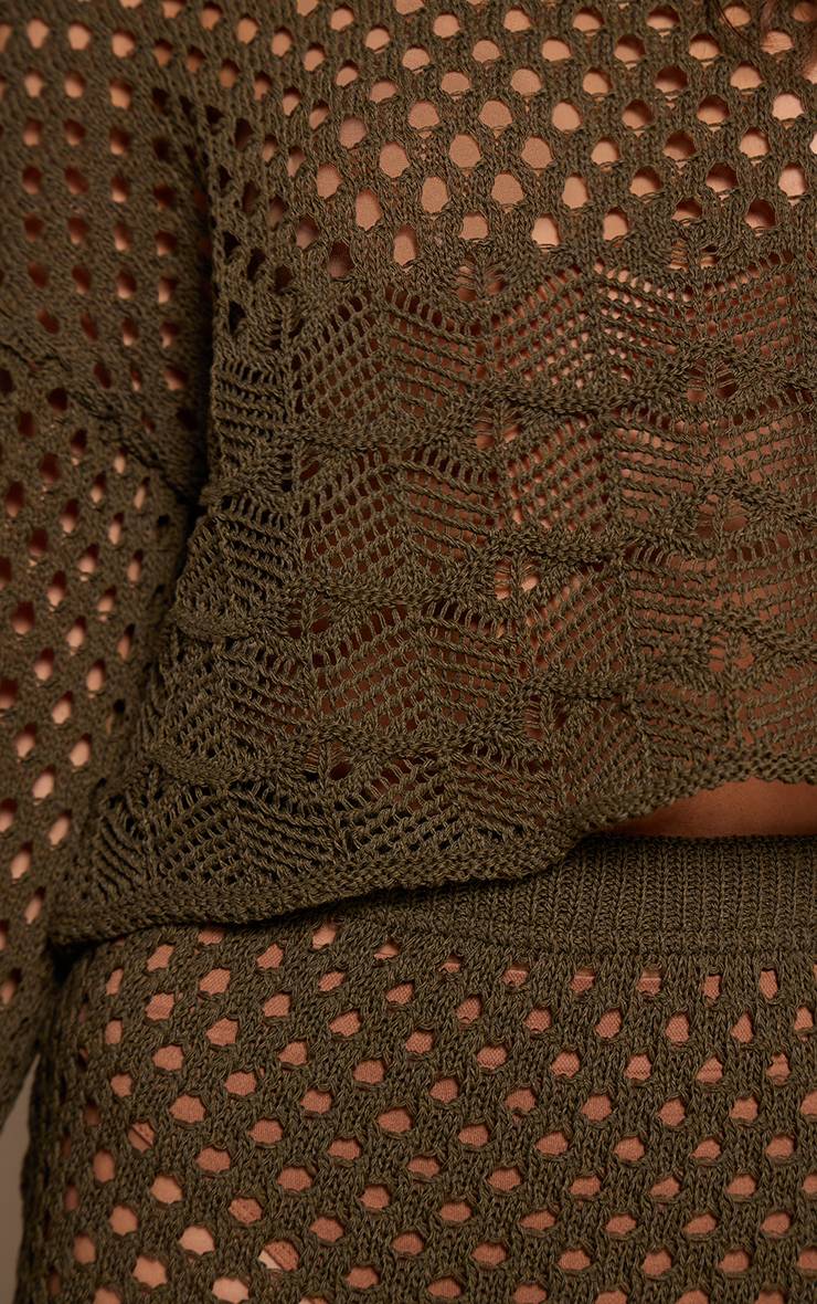 Vert Olive Haut En Crochet Ample À Manches Longues
