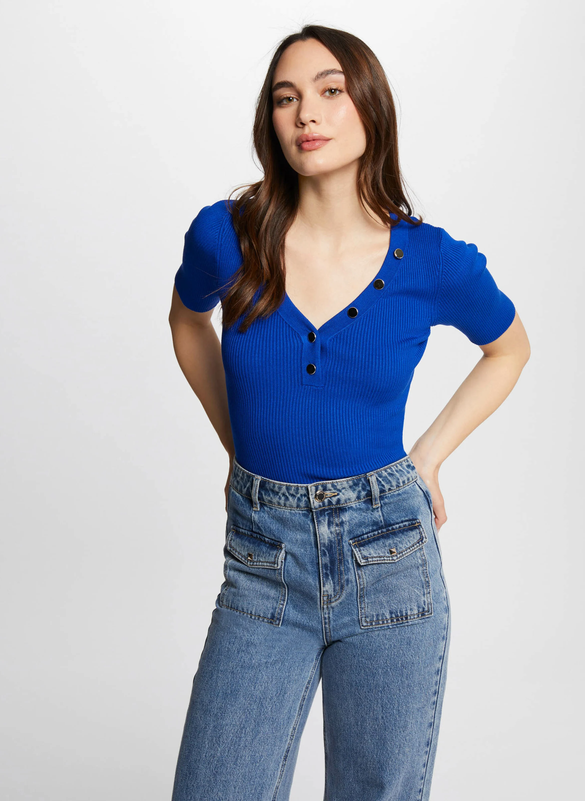 MGAGA - Pull ajusté manches courtes boutonné | Bleu