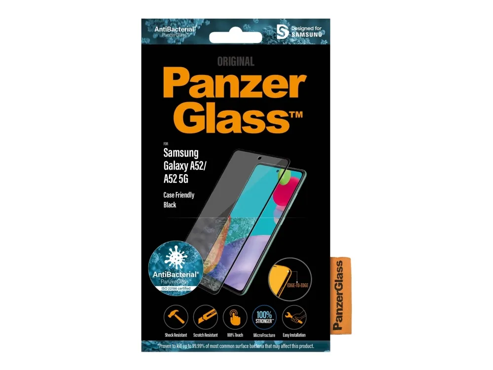 PanzerGlass™ | Case-Friendly - Skærmbeskytter for mobiltelefon - Edge-to-Edge fit - rammefarve sort | Samsung Galaxy A52/A52 5G