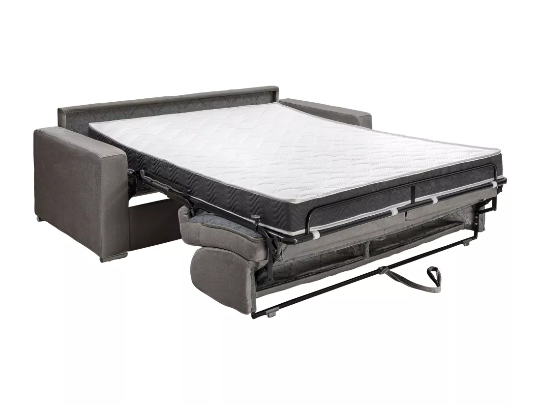 Canapé 2 places convertible express en tissu gris - Couchage lattes larges 120 cm - Matelas 16 cm avec mousse à mémoire de forme CALITO