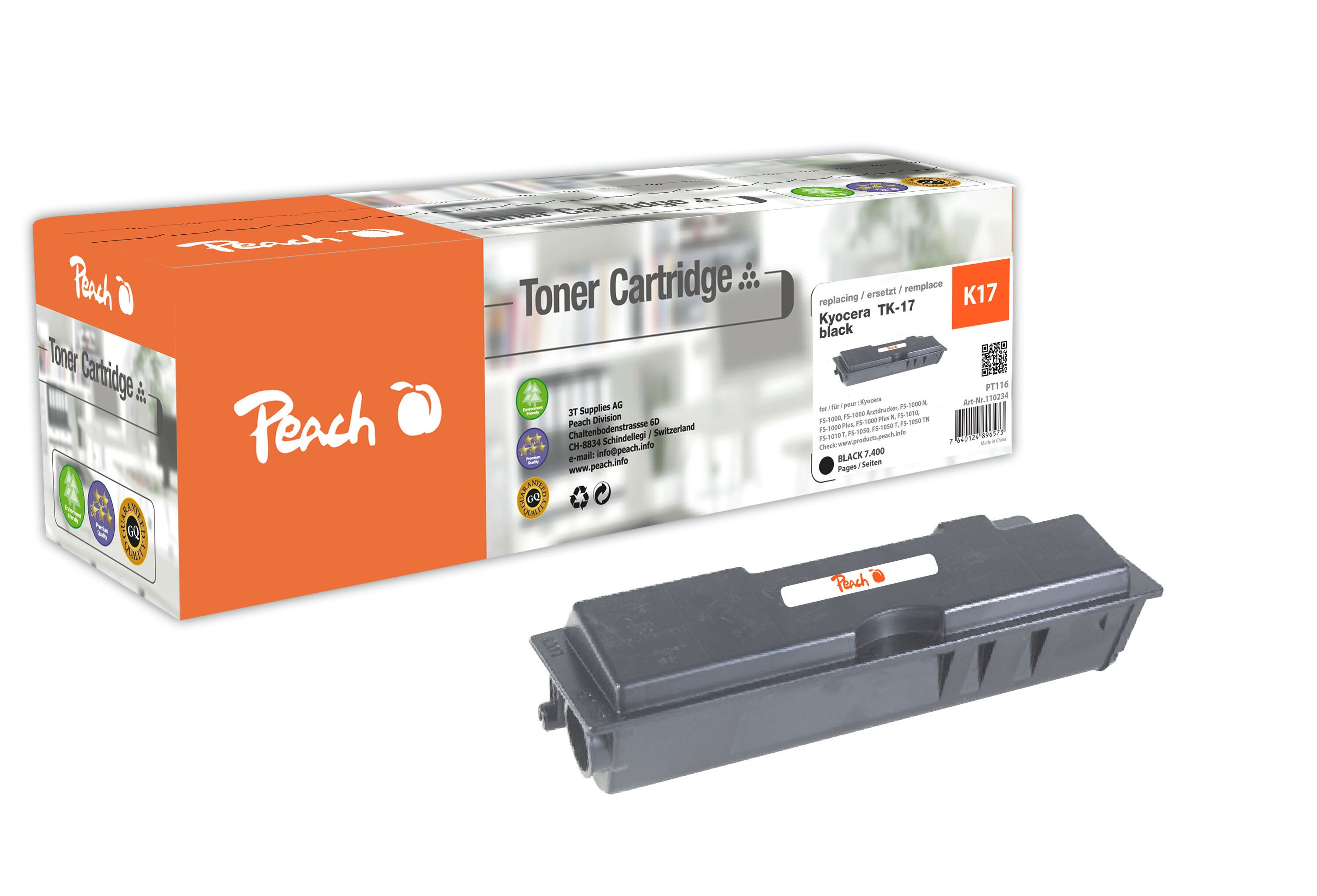 Peach K17Toner bk ersetzt Kyocera TK-17 für z.B. Kyocera FS -1000, Kyocera FS -1000 Arztdrucker, Kyocera FS -1000 N, Kyocera FS -1000 Plus (wiederaufbereitet)