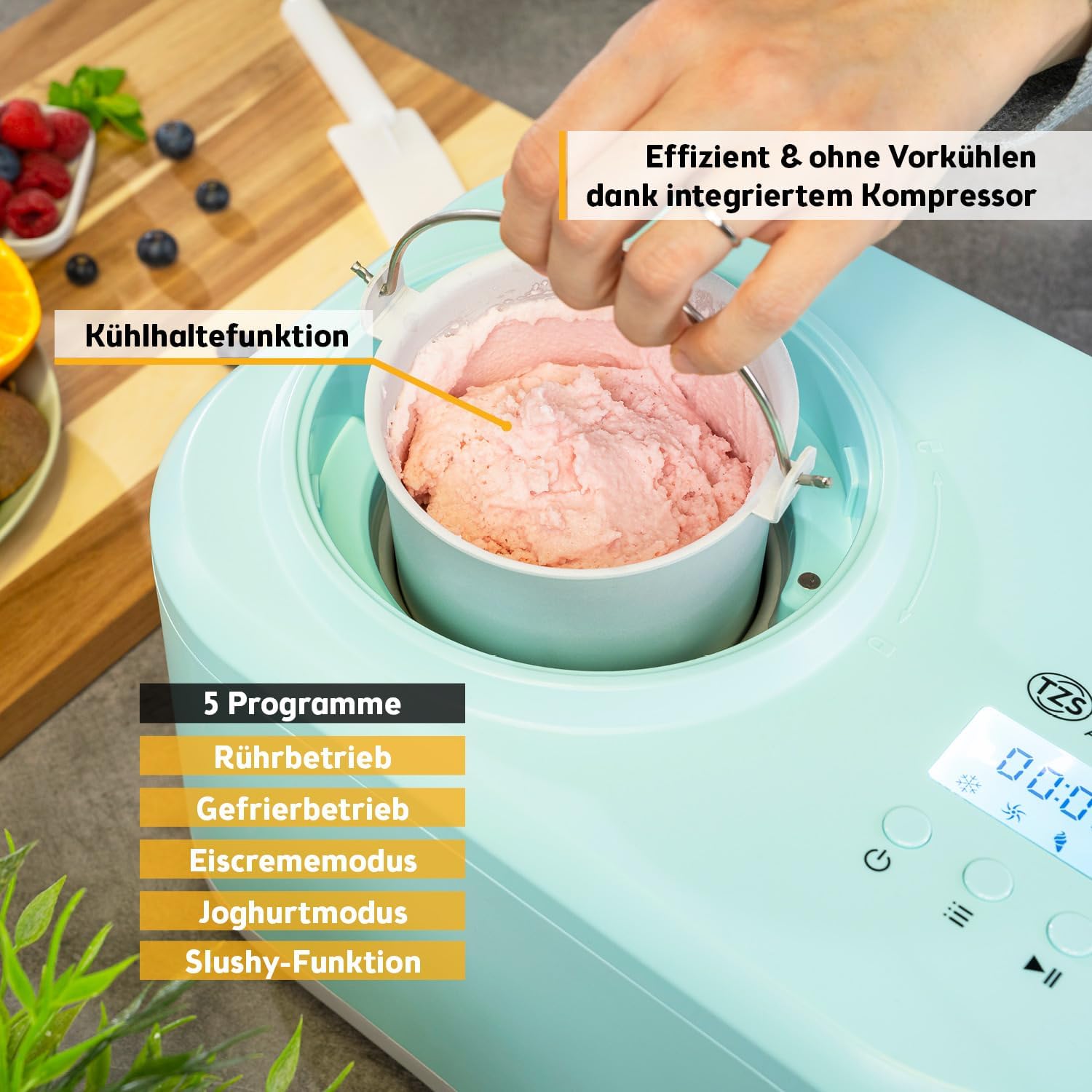 TZS First Austria - Eismaschine 1L mit Kompressor 3 in 1 - Ice Cream Maker 100W selbstkühlend für Frozen Joghurt, Sorbet & Eiscreme - Kleine Speiseeismaschine inkl. Messbecher & Spatel - mint