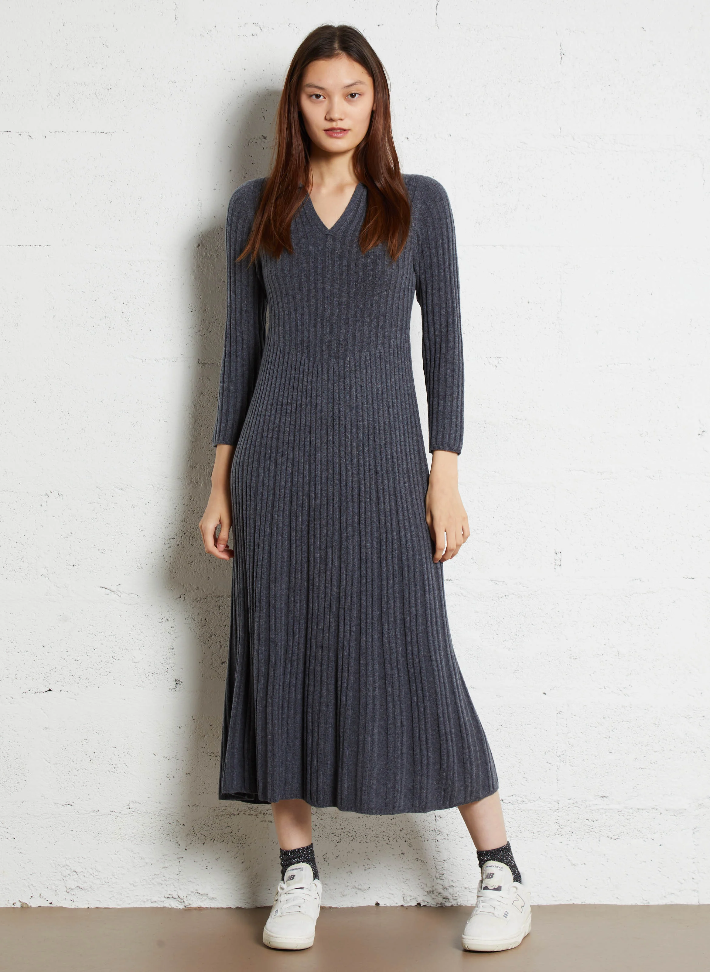 Robe longue col polo | Gris