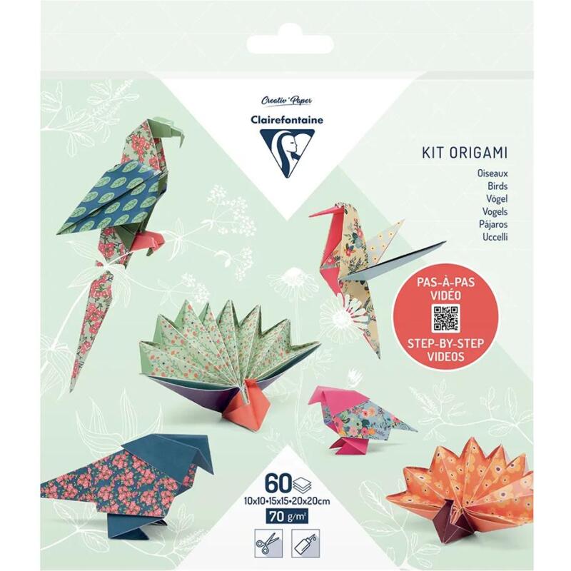 KIT ORIGAMI, Pochette de 60 feuilles 70g/m2 3 formats - Décor Oiseaux - Multicolore
