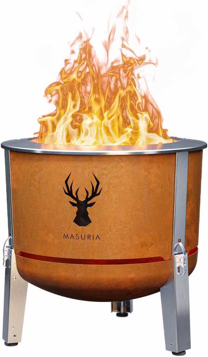 Masuria Rauchfreie Feuerschale 60cm⌀ Alpha 600 - Patentierte Rauchreduzierung bis zu 95% - Hergestellt in EU - Tragbare Feuertonne aus Edelstahl - Verstellbare Beine - große Ascheschublade - Corten