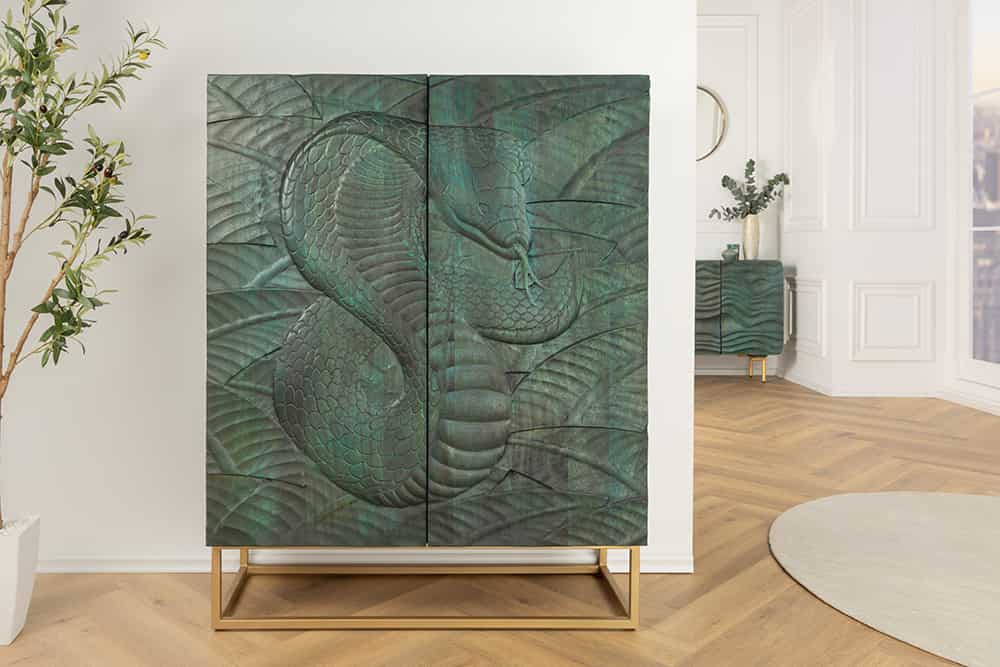 Massives Highboard SNAKE 120cm türkis gold Mangoholz Schlangen-Design mit aufwendigen 3D Schnitzereien