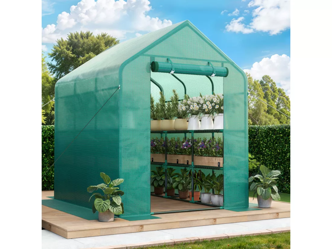 YITAHOME Serre de Jardin Vert - 3 Niveaux 18 étagères - en Polyéthylène avec Fermeture éclair - Jardin extérieur - 143 x 214 x 195cm