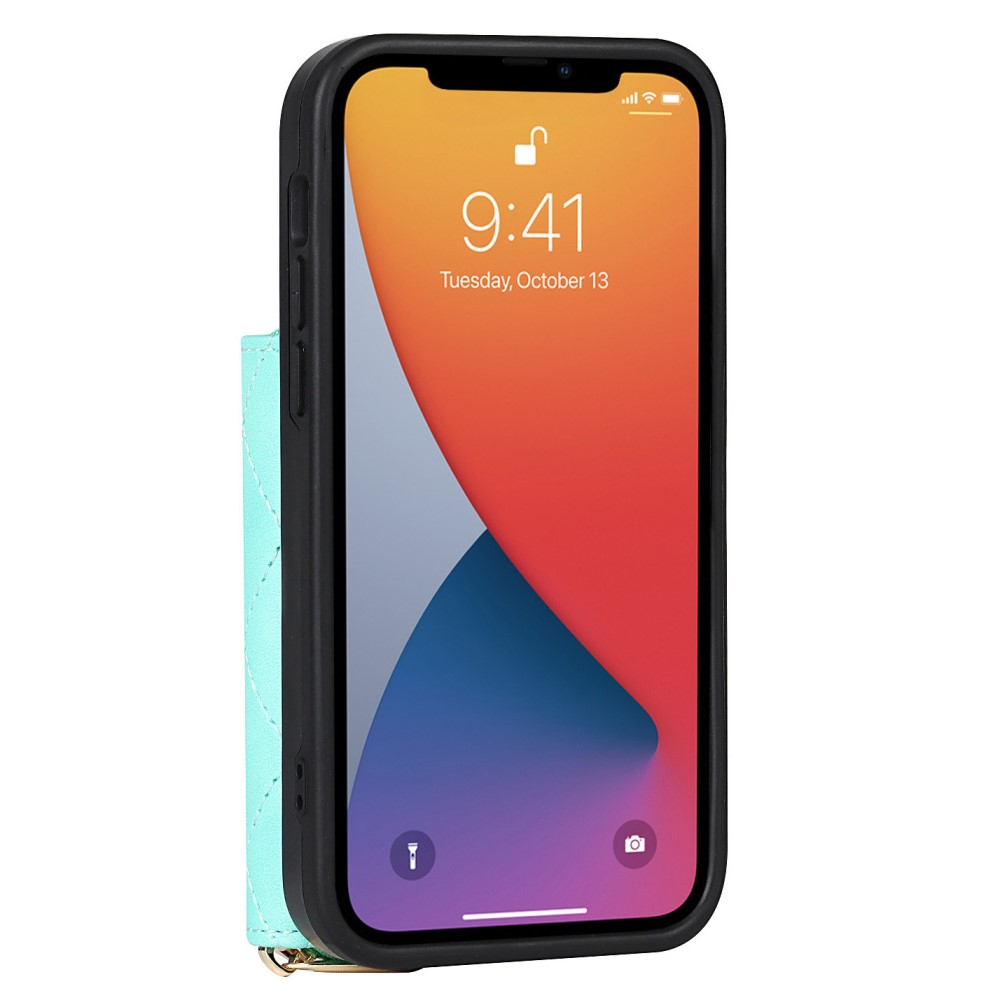 iPhone 12 / iPhone 12 Pro Necklace Leder Hülle mit Magnet Wallet Kreditkarten Münzfach   Handykette (140cm) - Türkis