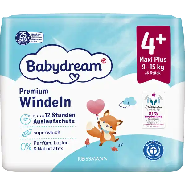 Premium Windeln Gr. 4+ Maxi Plus, 36 Stück, 9-15 kg