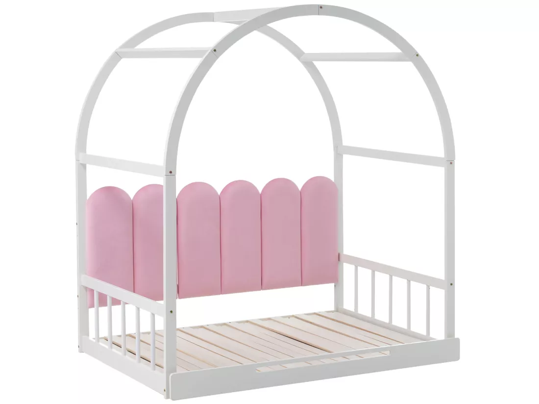 Lit gigogne 140x100/200cm en bois massif - avec tête en velours et sommier à lattes - Rose & Blanc