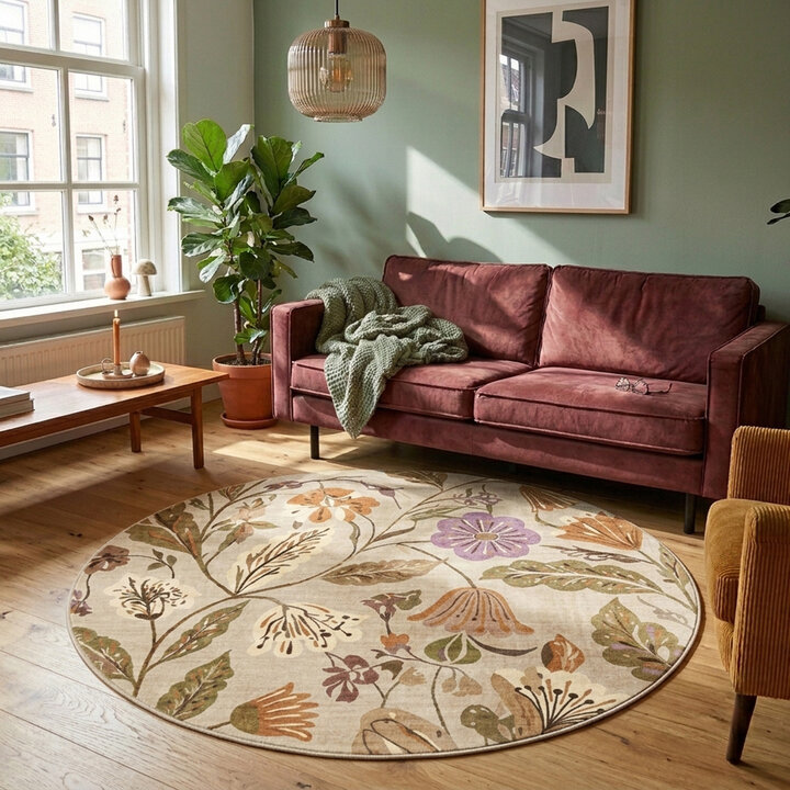 Rond wasbaar vloerkleed - Misty Flowers Creme | Wasbaar